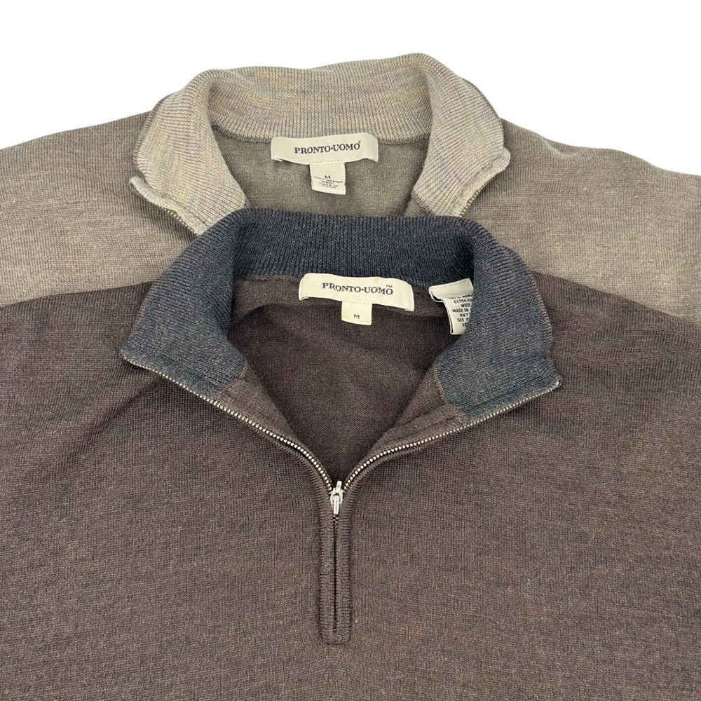 Pronto Uomo Mens 100% Merino Wool Quarter Zip Sweater Bundle Brown Taupe Medium